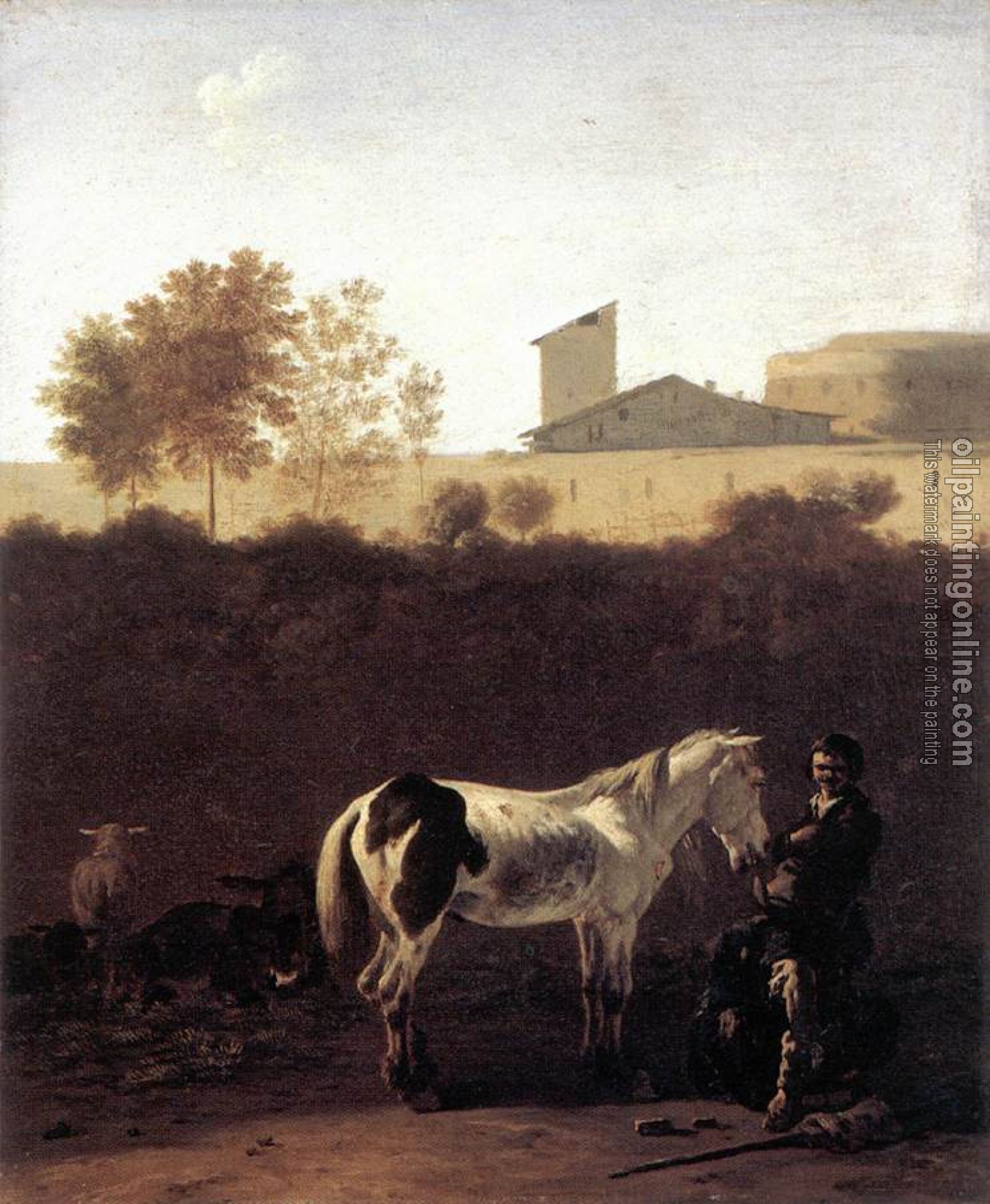 Karel Dujardin - Italian Landscape with Herdsman and a Piebald Horse